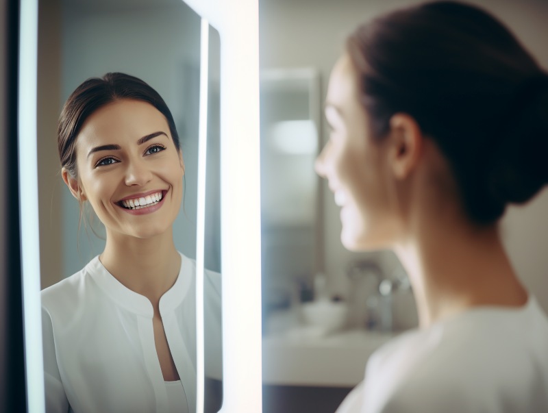 Woman confidently looking in a mirror and smiling