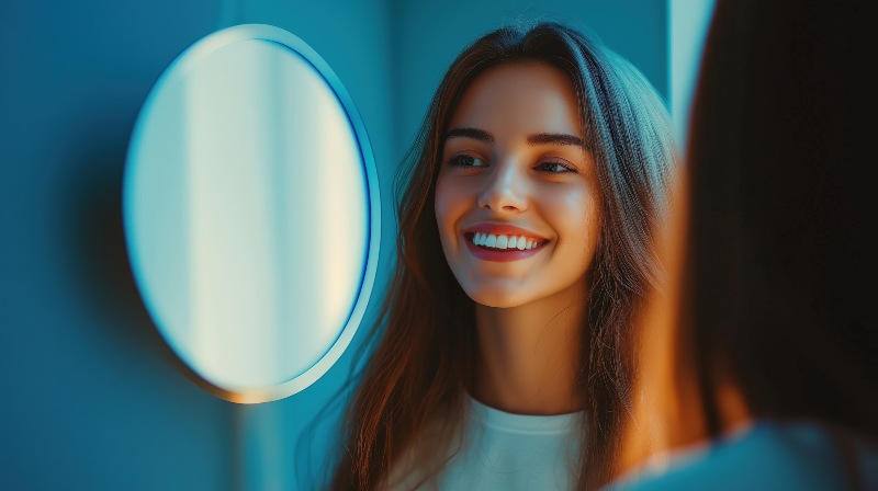 Smiling young woman checking her teeth in a mirror